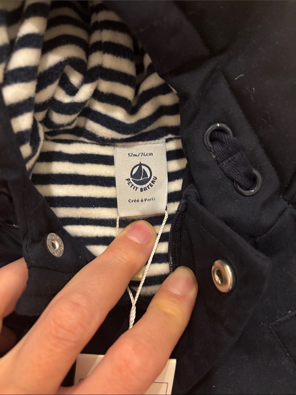 NWT Petit Bateau Navy Hooded Jacket with Cream and Navy Striped Lining - Picture 2 of 5